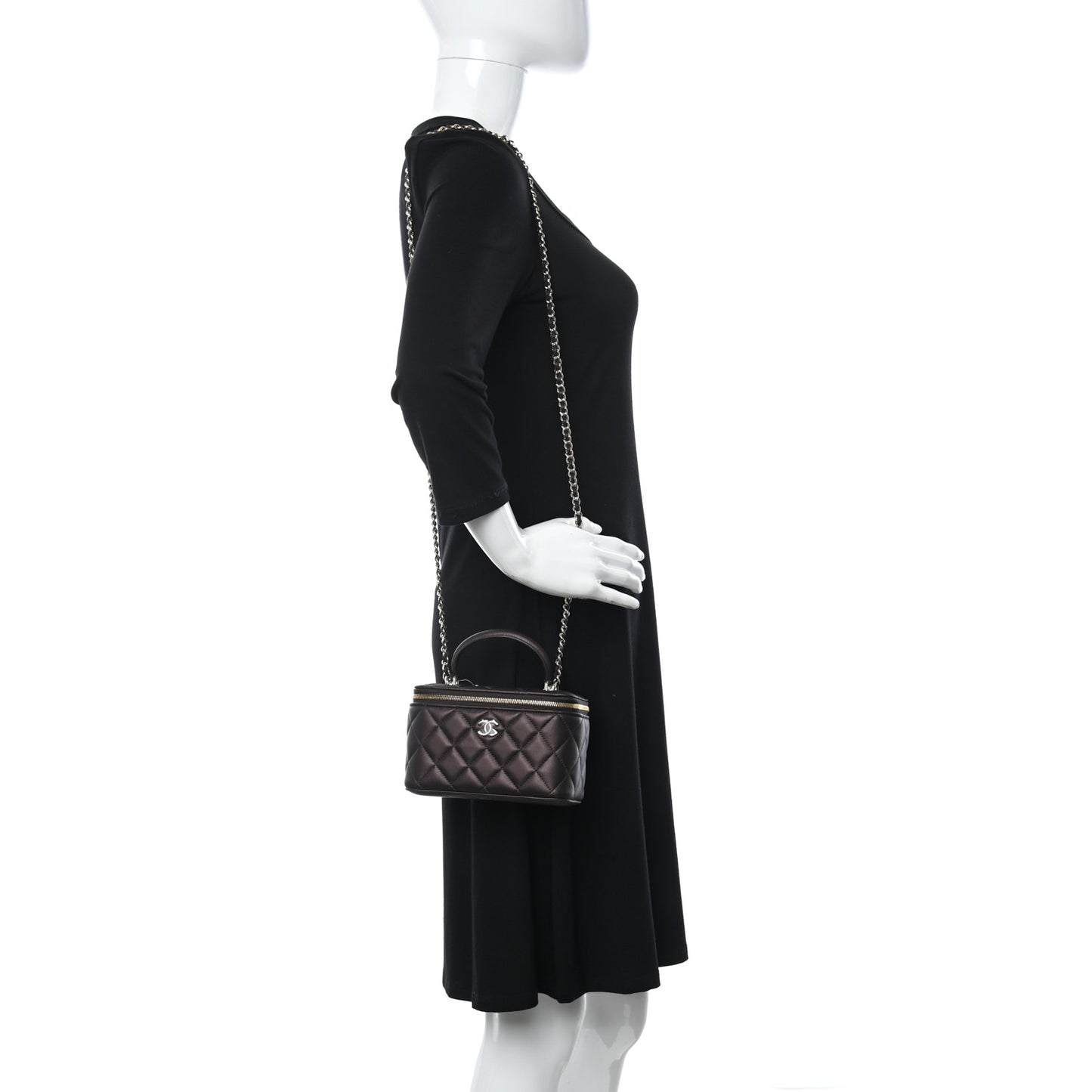 Iridescent Lambskin Quilted Small Top Handle Vanity Case With Chain Burgundy