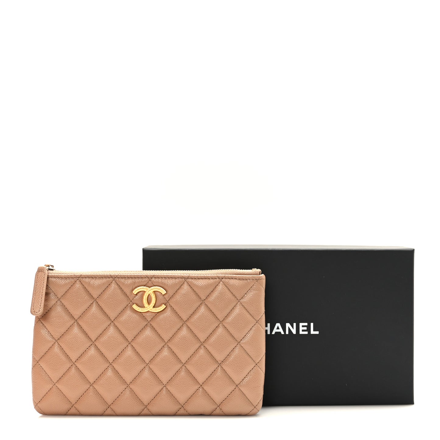 Shiny Caviar Quilted Small CC Cosmetic Case Beige