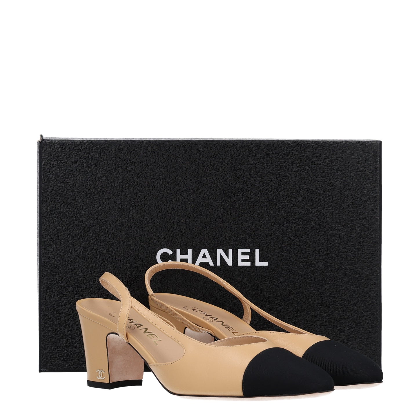 Goatskin Grosgrain Cap Toe CC Slingback Pumps 40 Beige Black