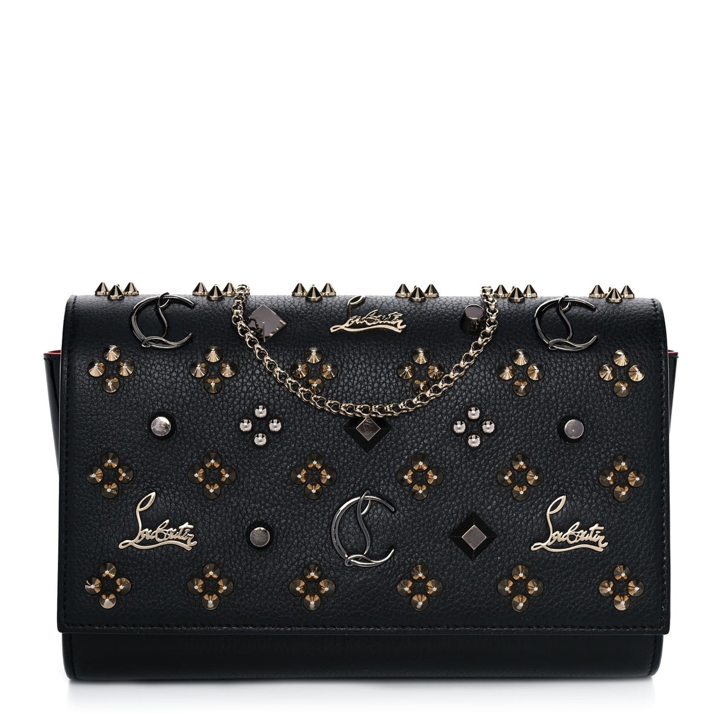 Grained Calfskin Spikes Loubinthesky Paloma Wallet On Chain Black Multimetal