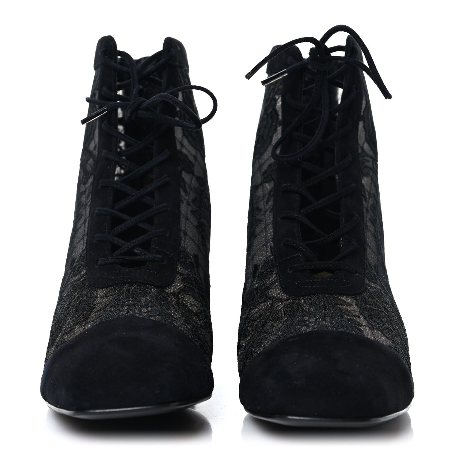 Suede Transparent Mesh Embroidered Roses Naughtily-D Heeled Lace Up Ankle Boots 39.5 Black