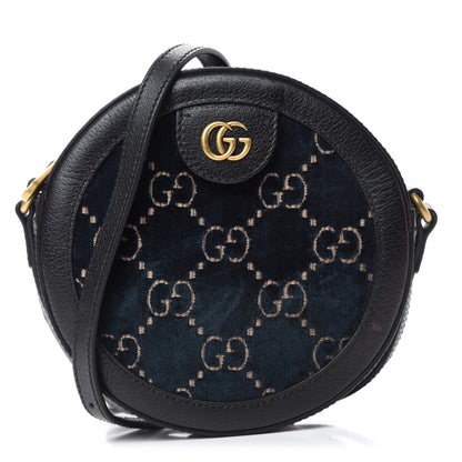 Gucci Velvet GG Monogram Calfskin Round Shoulder Bag Blue Beige 1 of 12