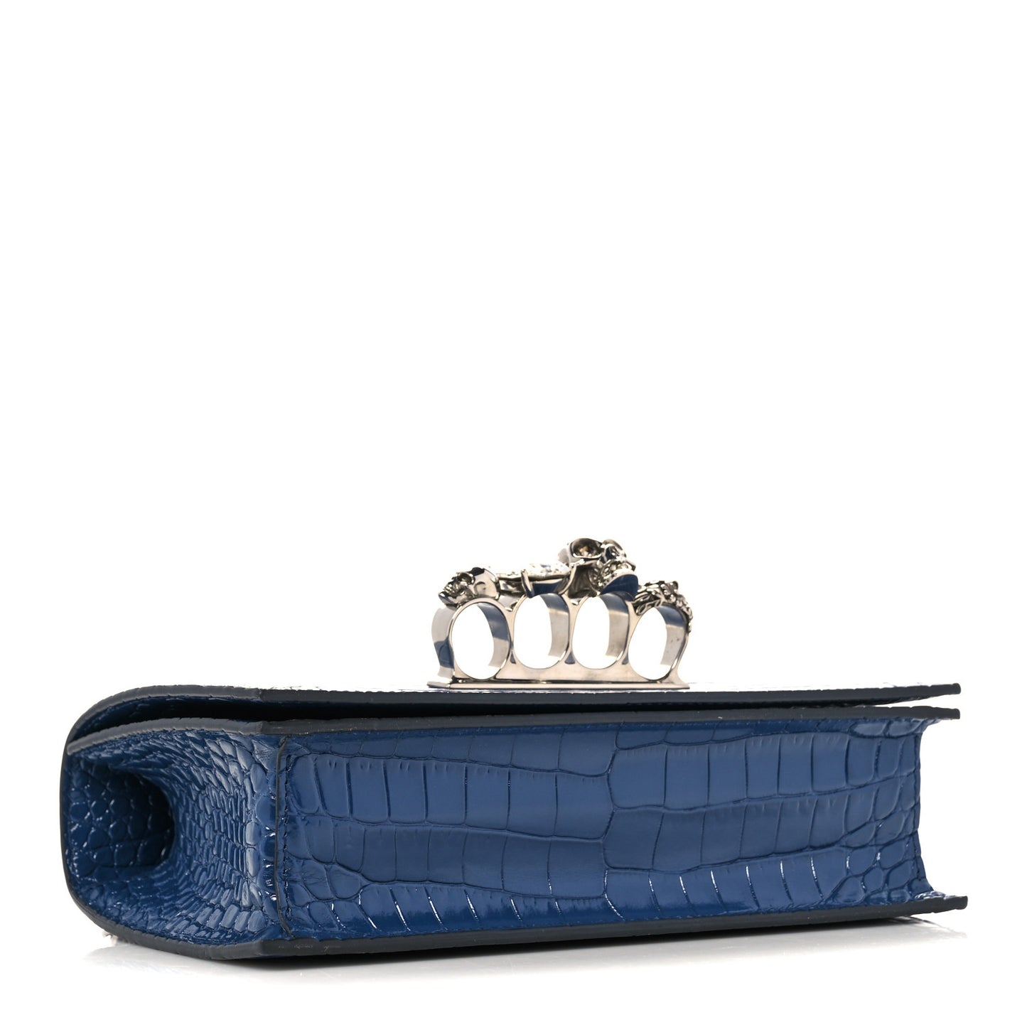 Shiny Crocodile Embossed Jeweled Satchel Industrial Blue