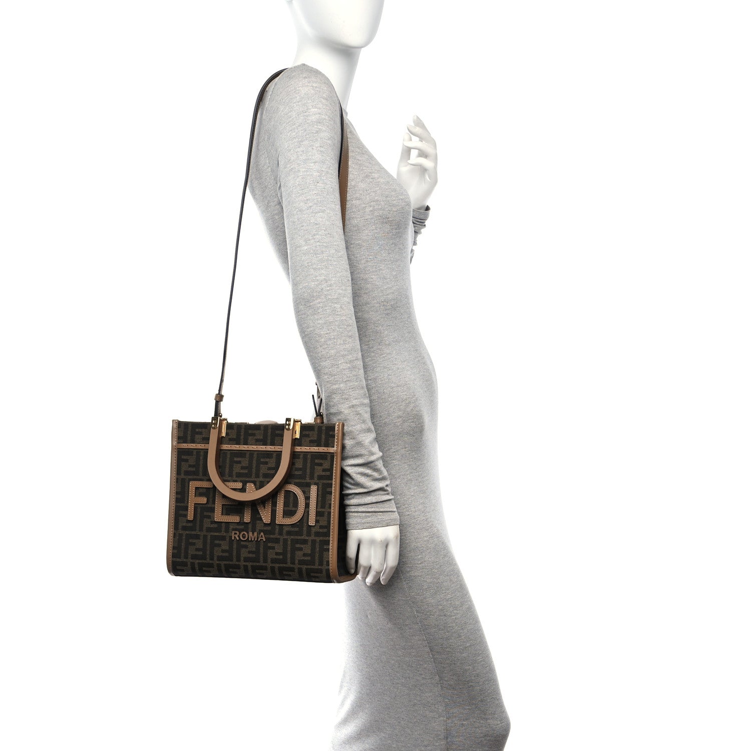 Fendi Fabric Jacquard FF 1974 Logo Small Fendi Sunshine Shopper Tote Tobacco Moro Sand 2 of 11