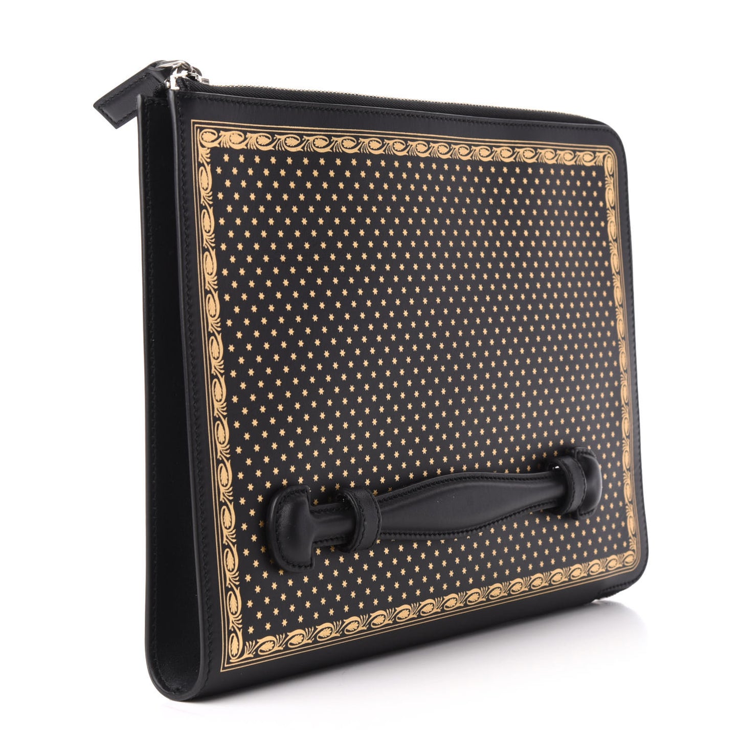 X SEGA Calfskin GUCCY Stars Zip Clutch Bag Black Gold