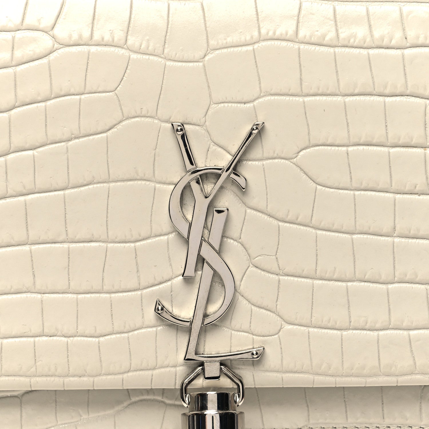 Saint Laurent Calfskin Crocodile Embossed Kate Monogram Tassel Chain Wallet Vintage White 8 of 10
