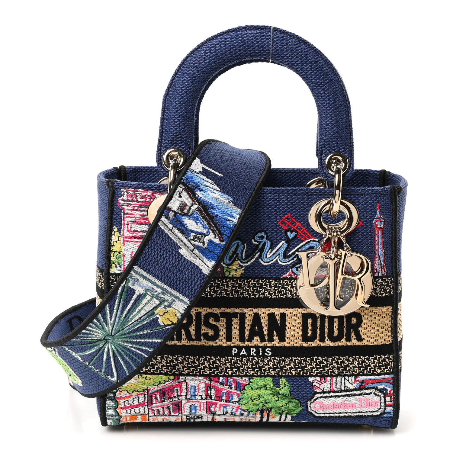 Christian Dior Raffia Embroidered Souvenir Paris Small Lady D-Lite Blue Multicolor 1 of 10