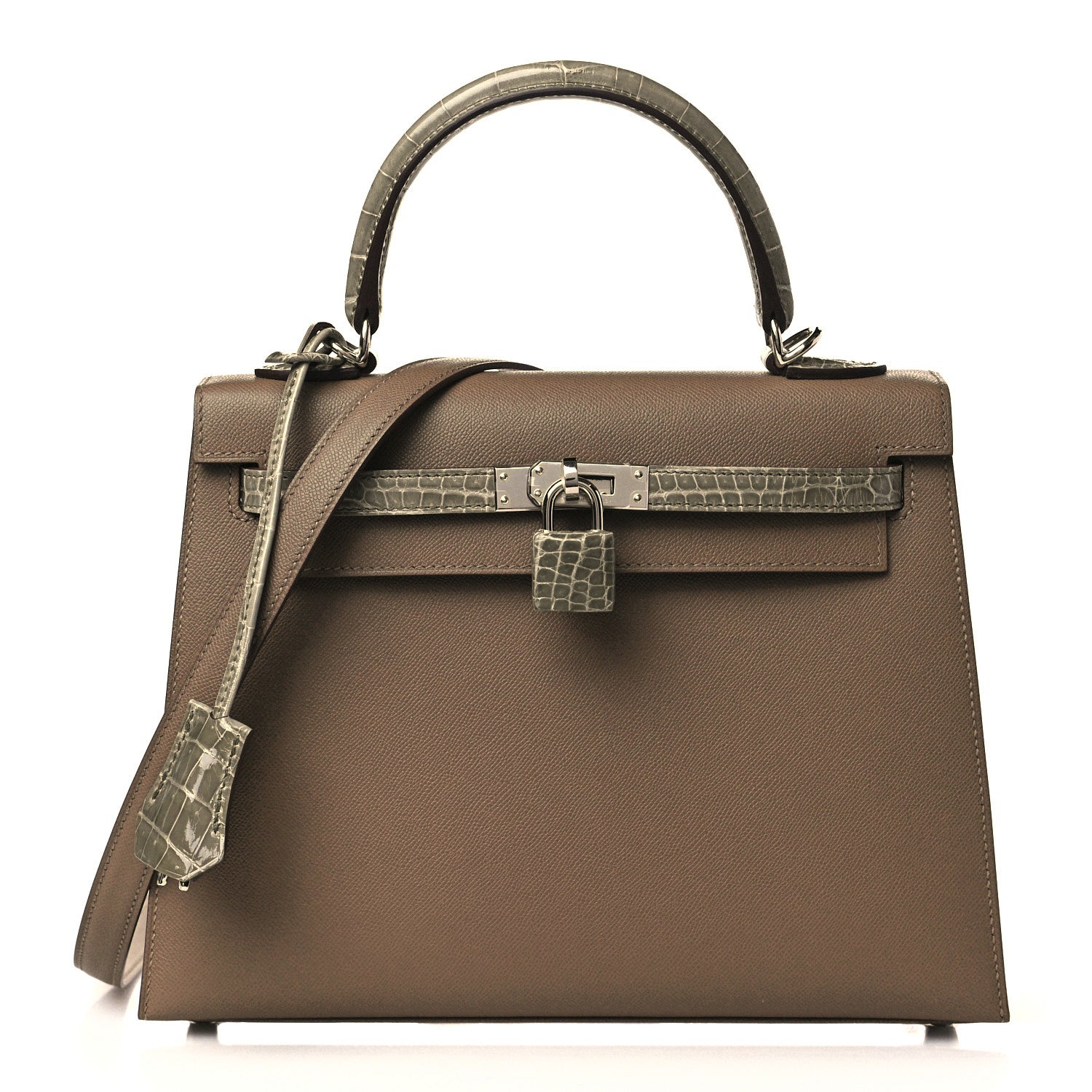 Hermes Madame Calfskin Shiny Niloticus Crocodile Kelly Sellier Touch 25 Etoupe Gris Tourterelle 1 of 9