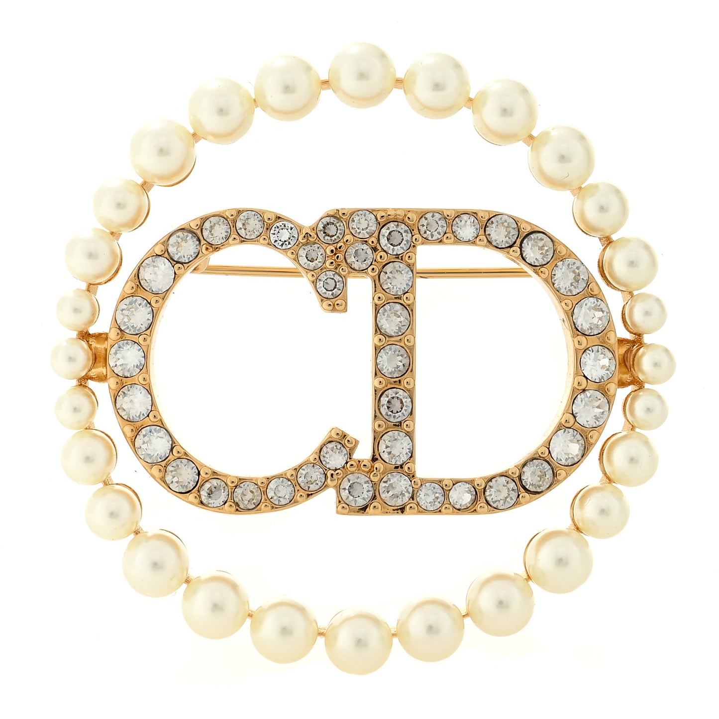 Crystal Pearl CD Logo Brooch Gold