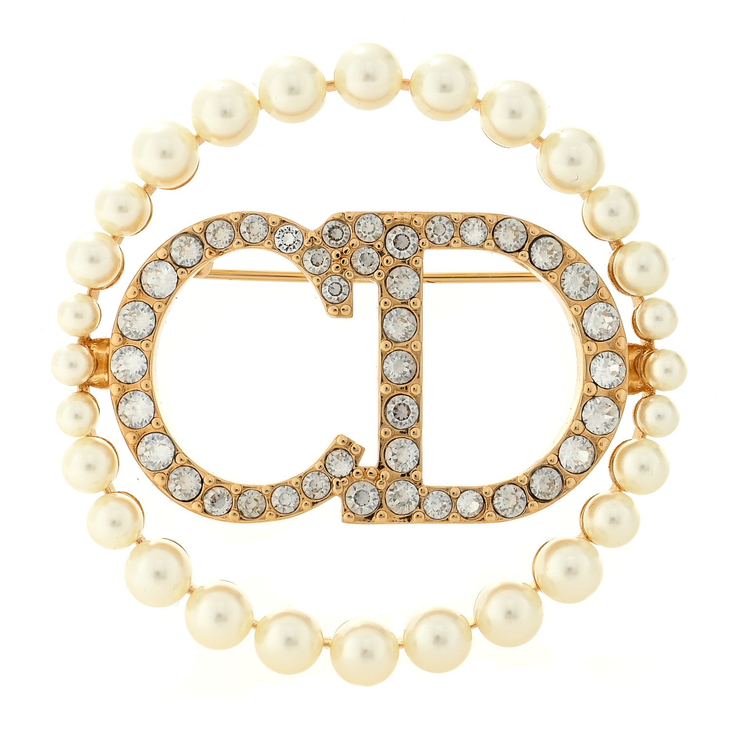 Christian Dior Crystal Pearl CD Logo Brooch Gold 1 of 3