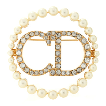 Christian Dior Crystal Pearl CD Logo Brooch Gold 1 of 3