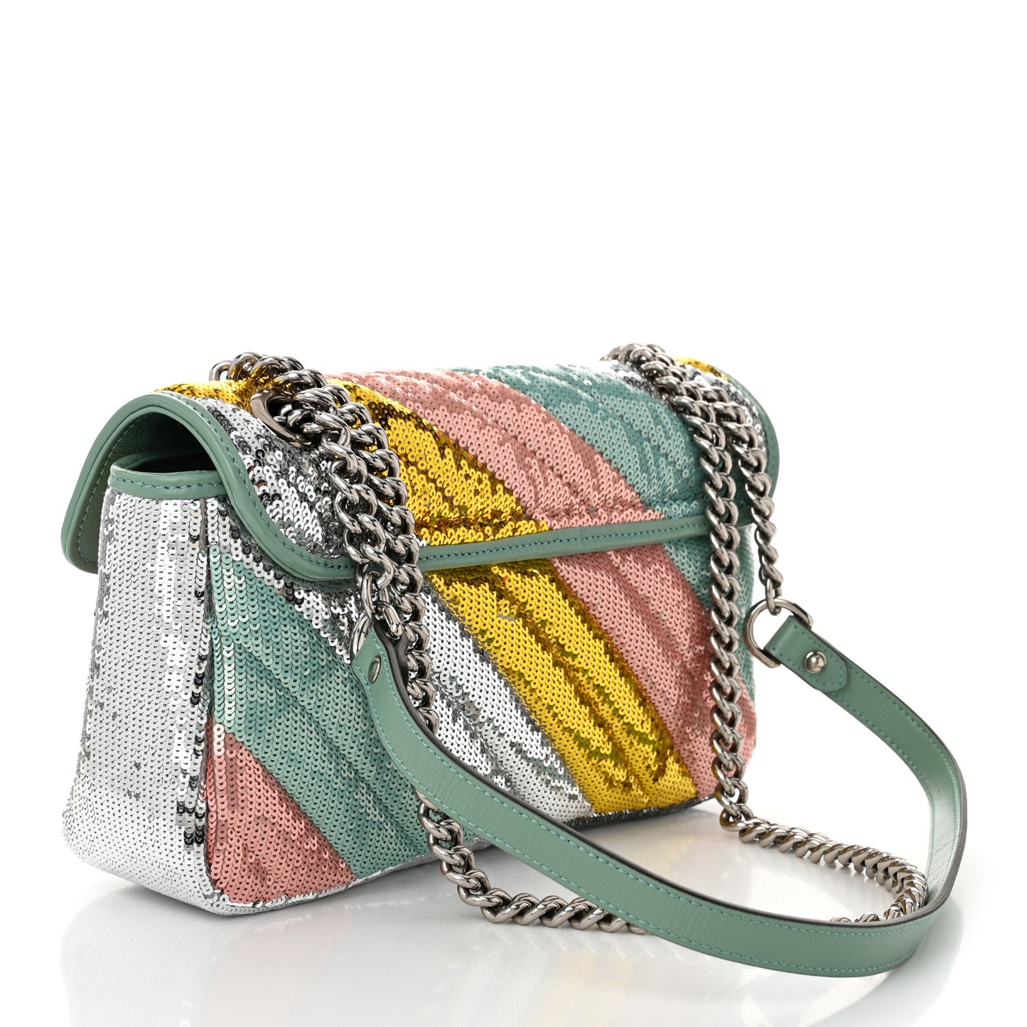 Sequin Satin Calfskin Matelasse Diagonal Small GG Marmont Shoulder Bag  Grigio Argento Verde Chiaro Rosa Giallo Light Water Green