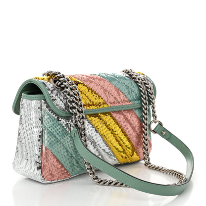 Gucci Sequin Satin Calfskin Matelasse Diagonal Small GG Marmont Shoulder Bag  Grigio Argento Verde Chiaro Rosa Giallo Light Water Green 3 of 10