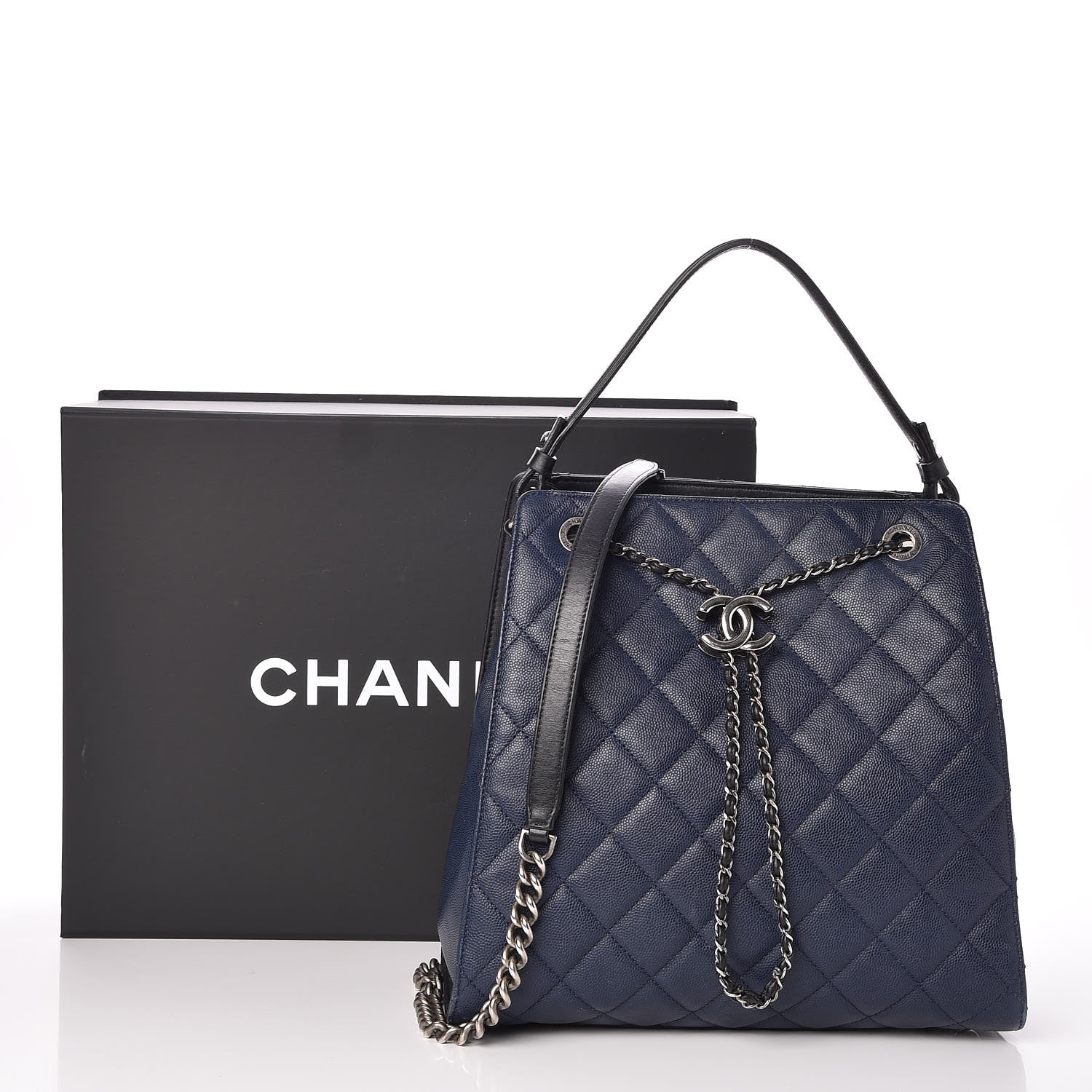 Chanel Caviar Quilted Medium CC Bucket Bag Dark Blue 9 of 9
