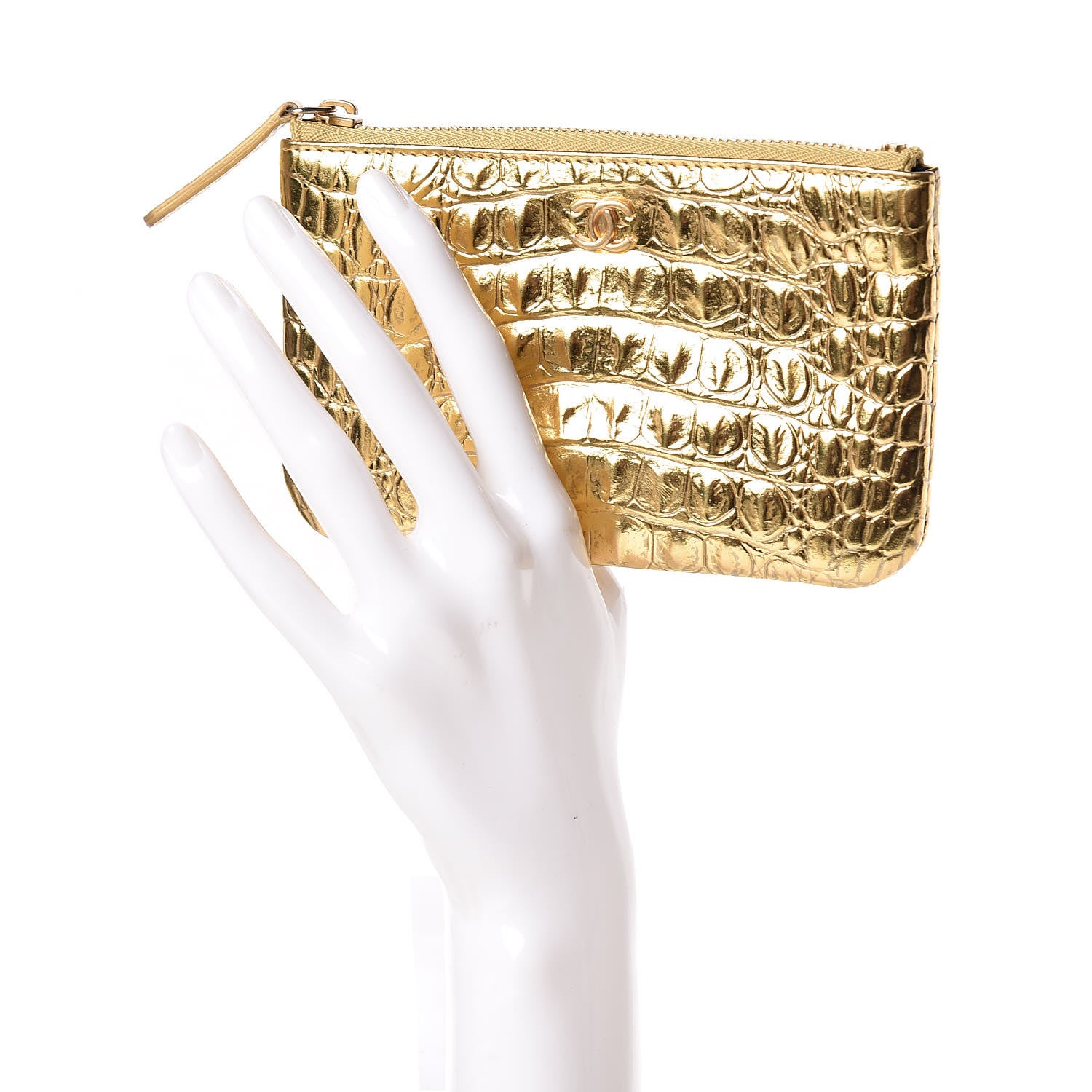 Chanel Metallic Calfskin Crocodile Embossed Cocodile Cosmetic Case Gold 2 of 8