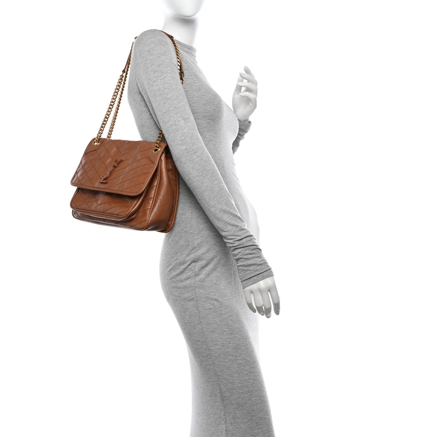 Saint Laurent Crinkled Calfskin Matelasse Monogram Medium Niki Chain Satchel Caramel 2 of 10