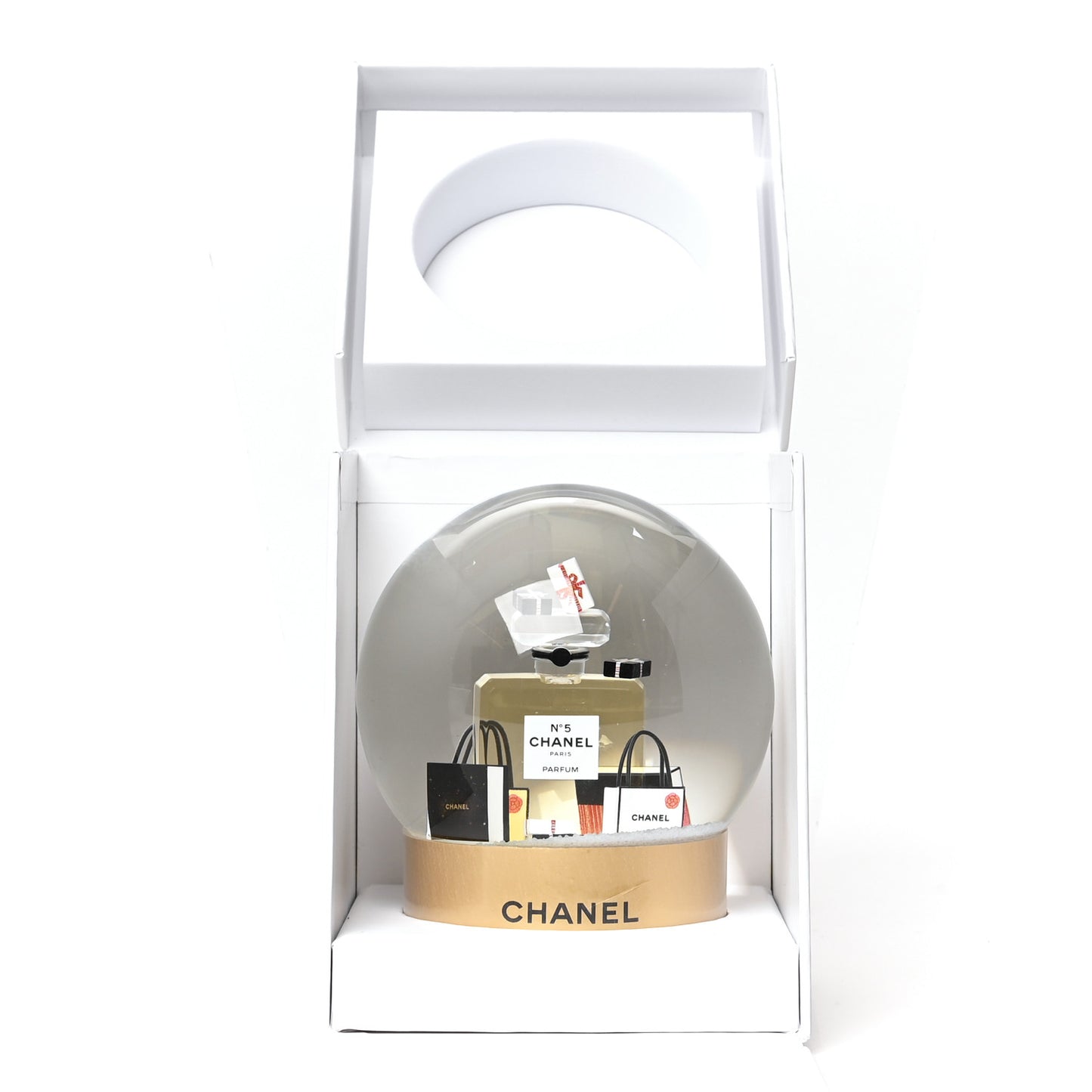 Glass N°5 Perfume Bottle Snow Globe Gold