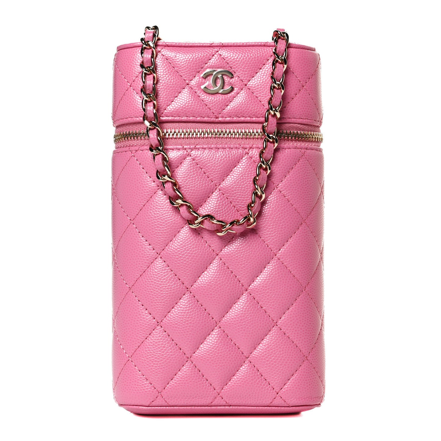 Caviar Quilted Phone Holder With Chain Pink