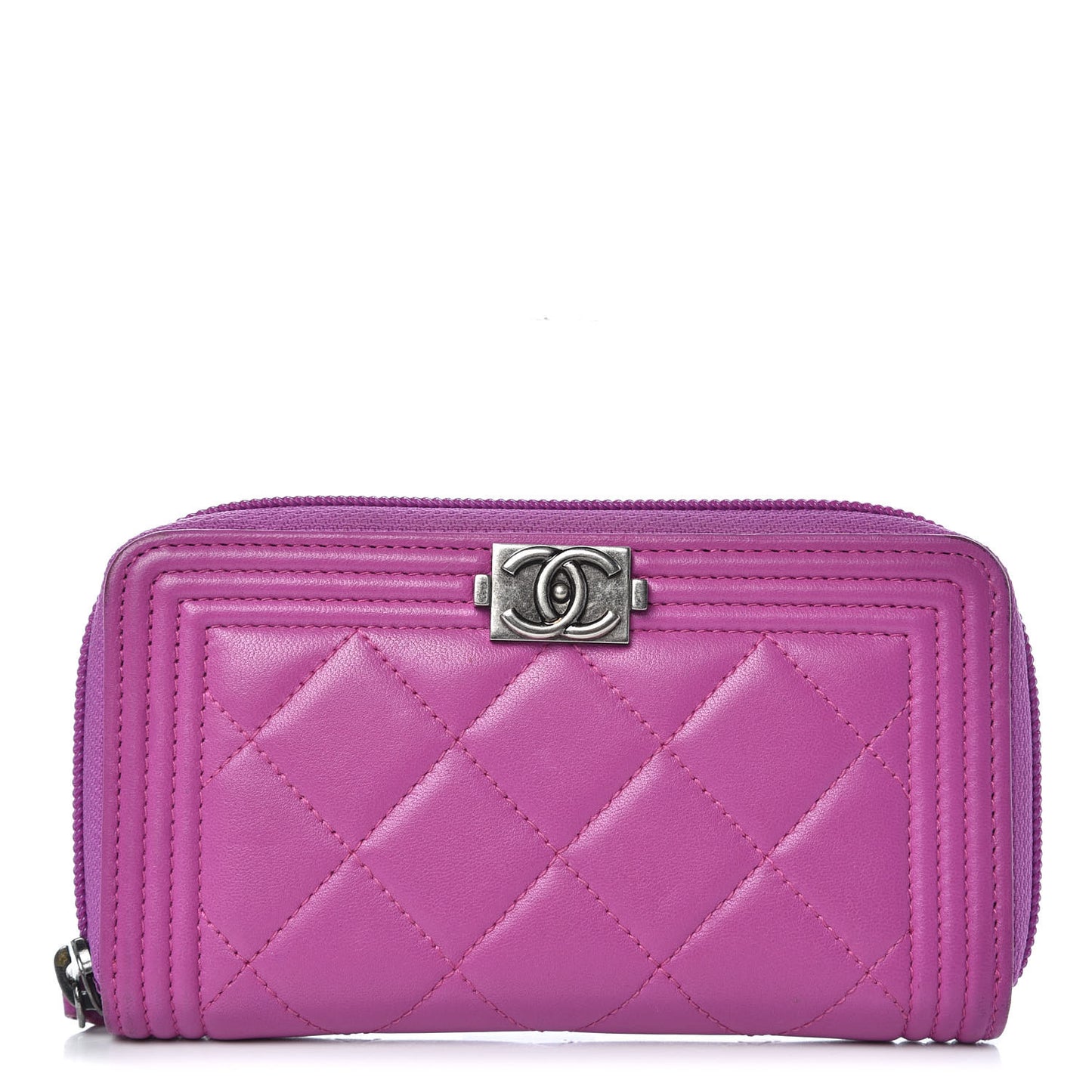 Lambskin Quilted Small Boy Zip Around Wallet Fuschia
