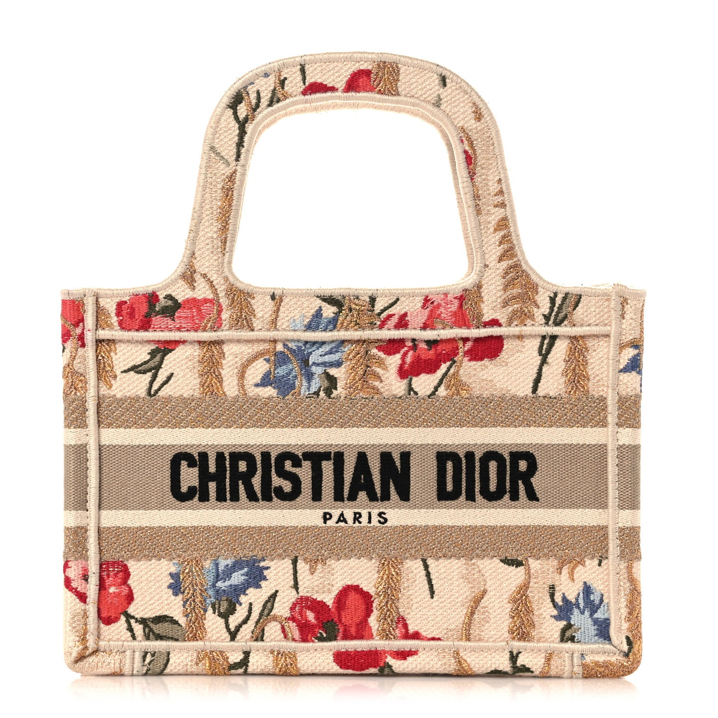 Canvas Embroidered Hibiscus Printed Mini Book Tote Beige Multicolor