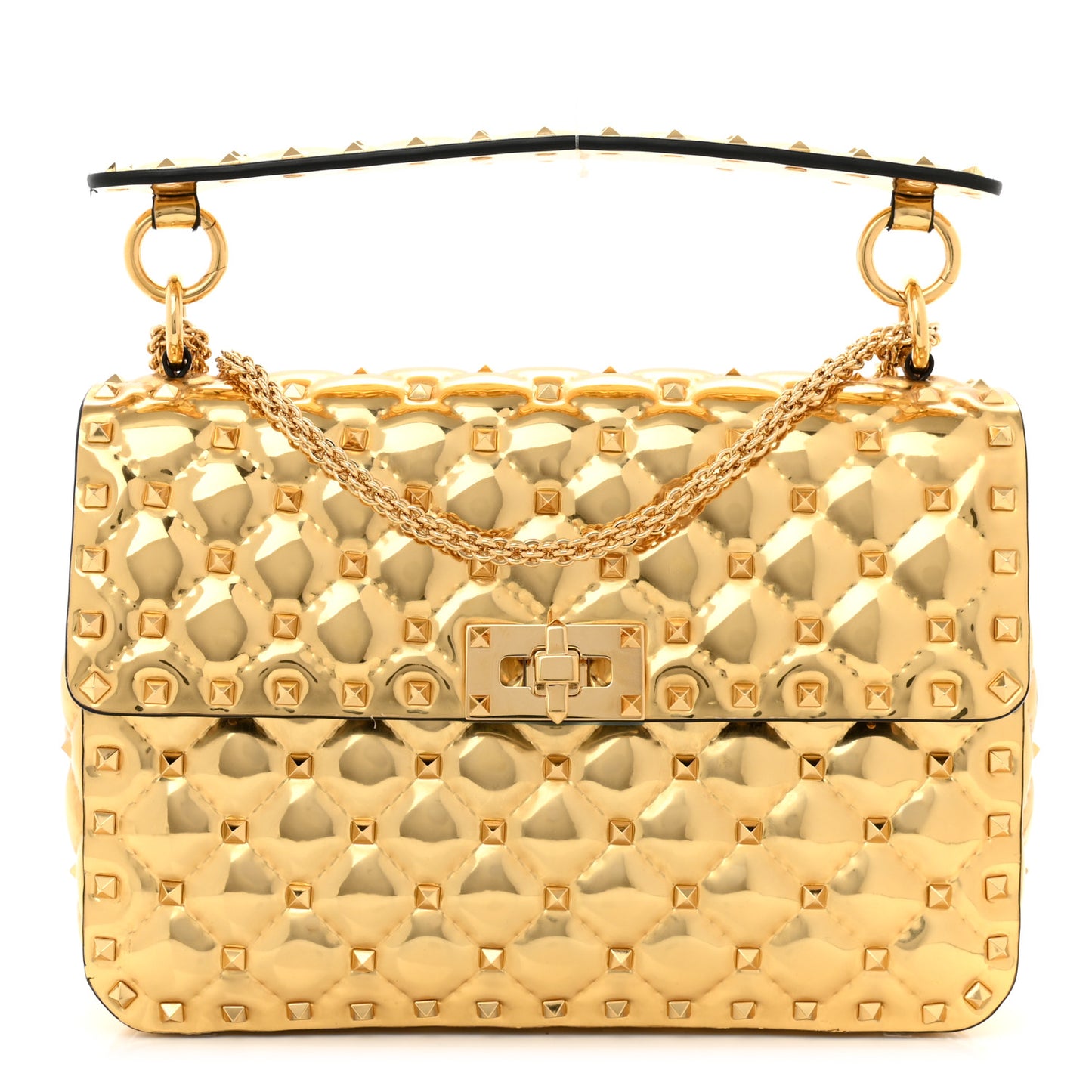 Metallic Patent Medium Rockstud Spike Shoulder Bag Gold