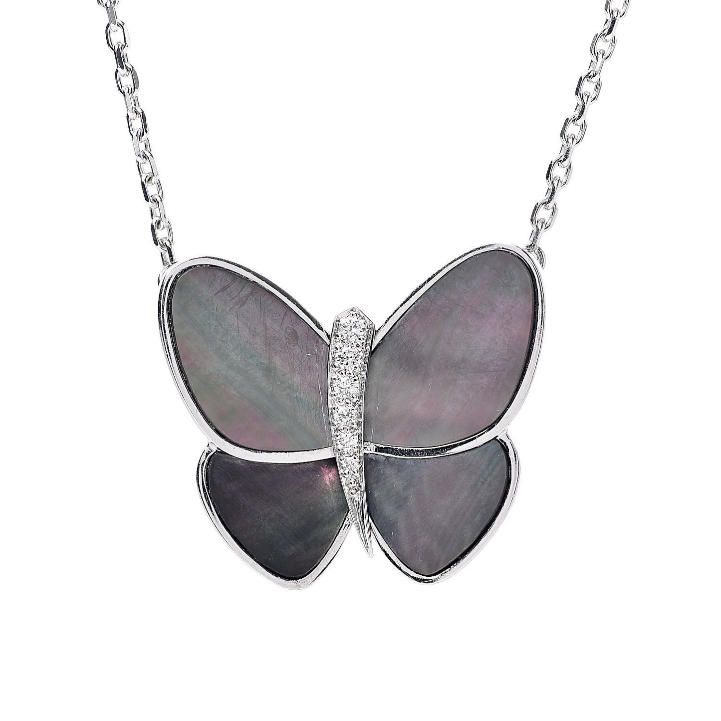 18K White Gold Grey Mother of Pearl Diamond Butterfly Pendant Necklace