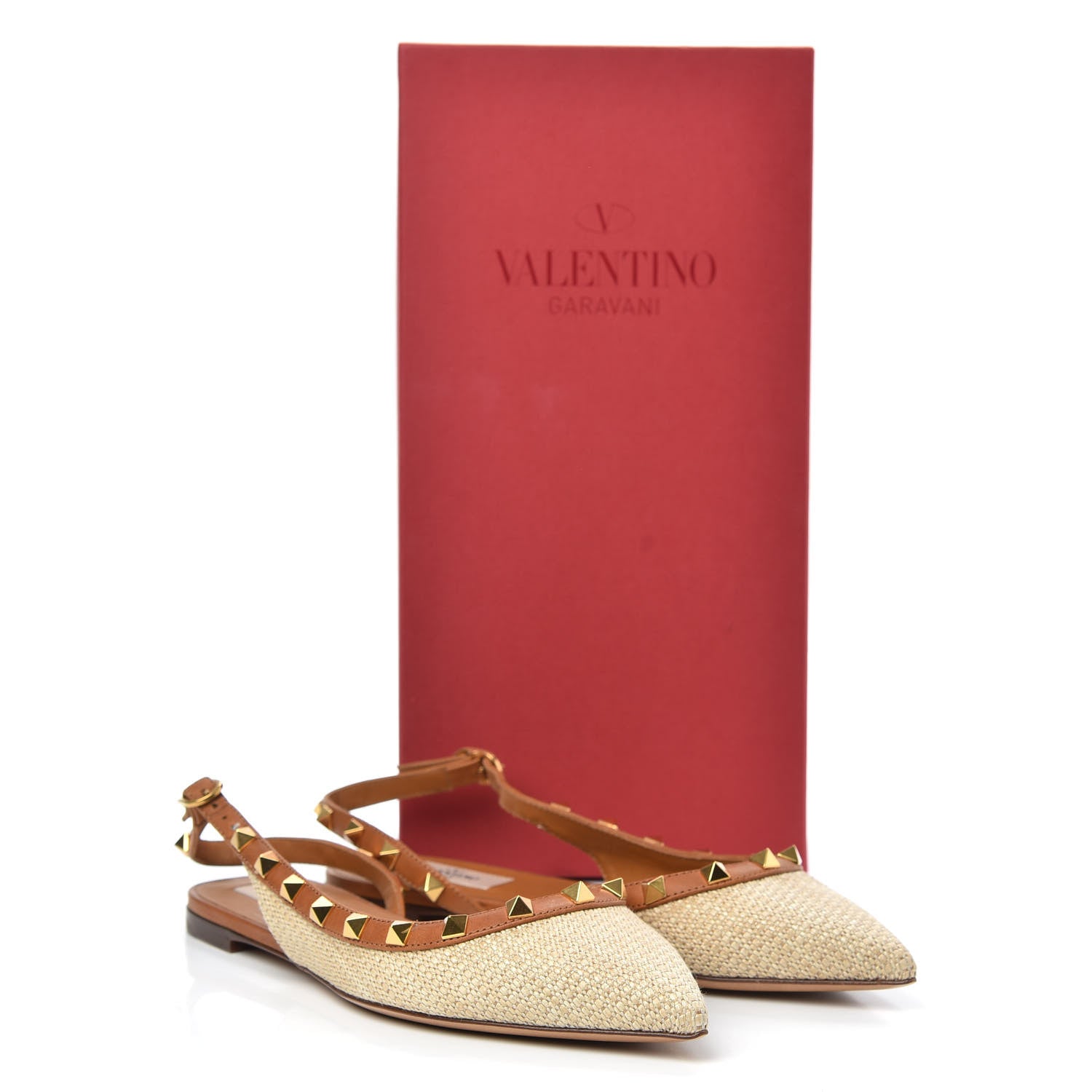 Valentino Garavani Raffia Calfskin Rockstud Slingback Flats 36 Naturale 10 of 10