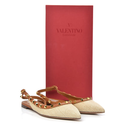 Valentino Garavani Raffia Calfskin Rockstud Slingback Flats 36 Naturale 10 of 10