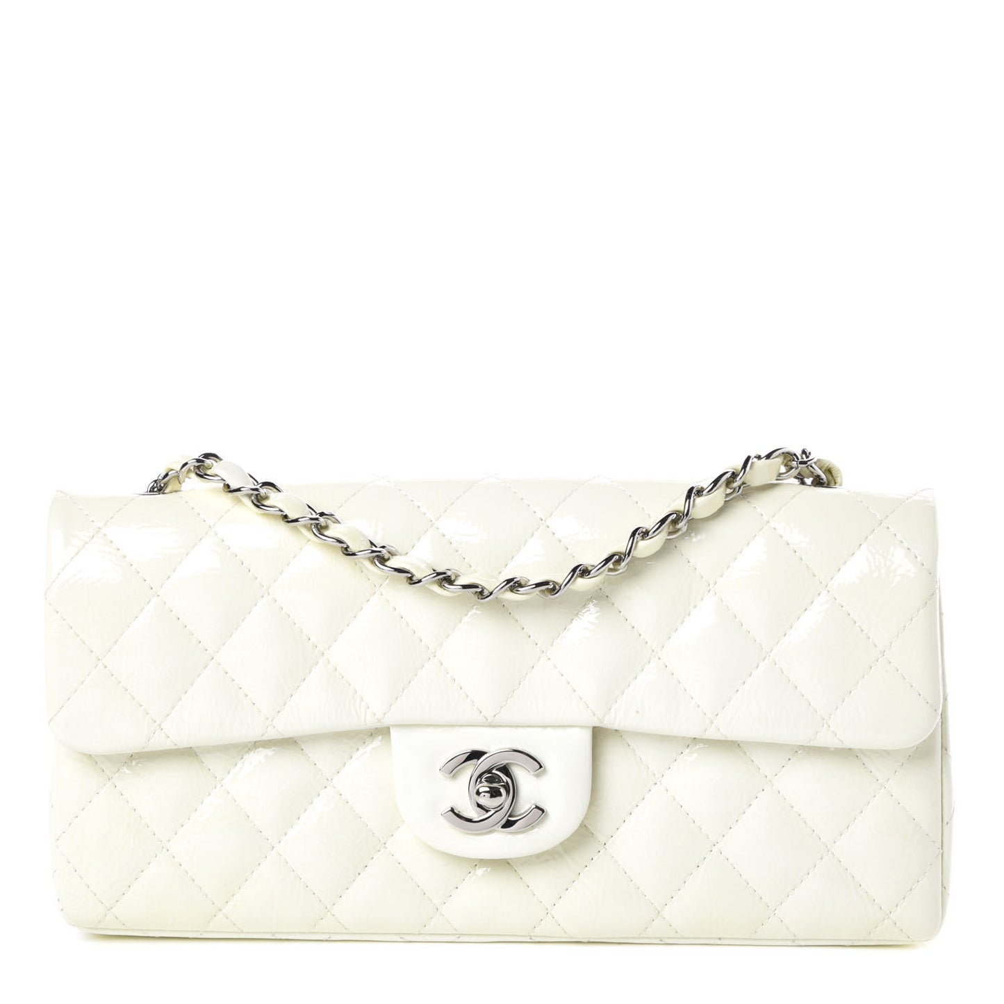 Distressed Patent Calfskin Quilted East West Flap White