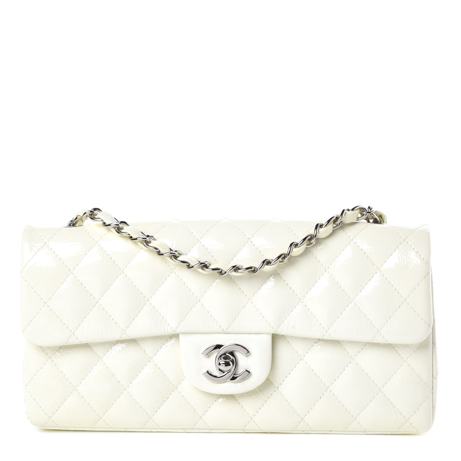 Chanel Distressed Patent Calfskin Quilted East West Flap White 1 of 16