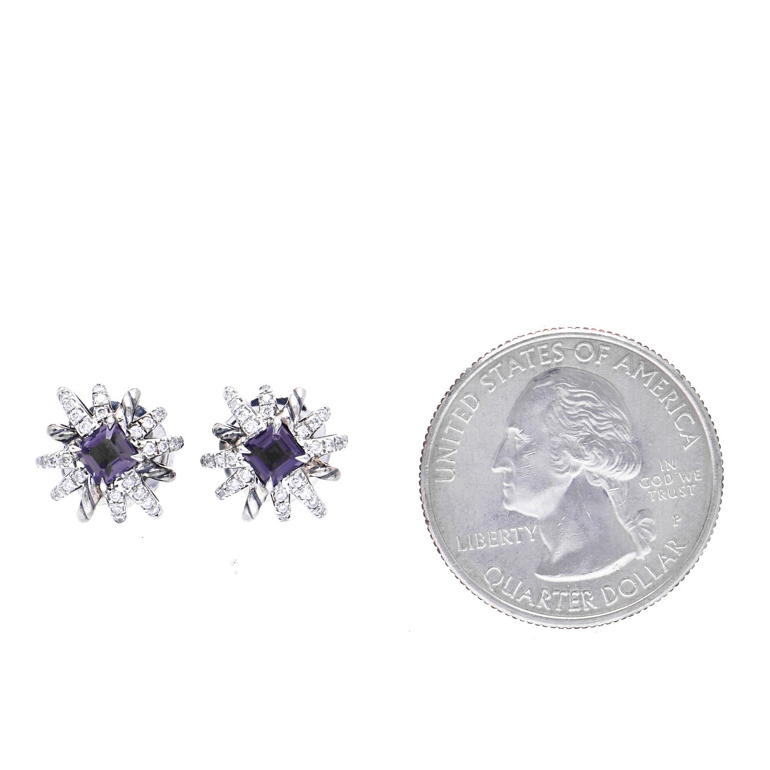 David Yurman Sterling Silver Diamond Amethyst 12mm Starburst Earrings 2 of 5