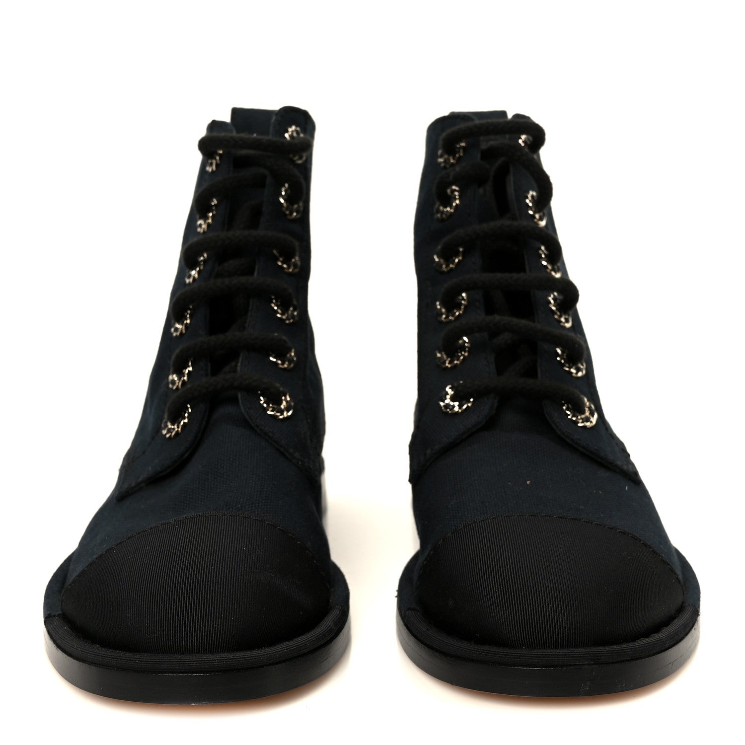 Chanel Cotton Grosgrain Cap Toe CC Lace Up Boots 37 Black 3 of 10