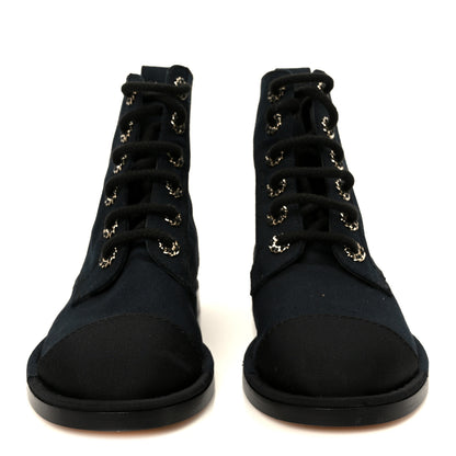 Chanel Cotton Grosgrain Cap Toe CC Lace Up Boots 37 Black 3 of 10