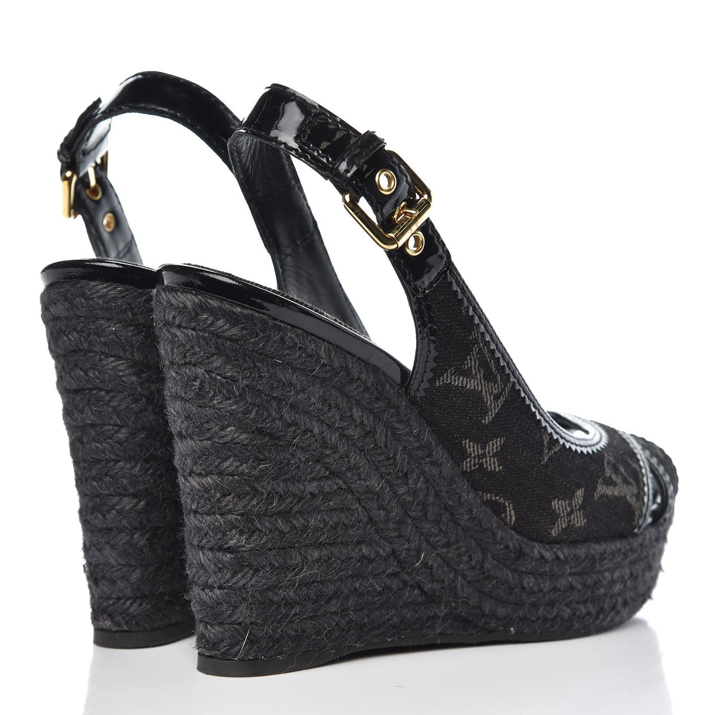 Denim Patent Espadrille Wedges 38 Black