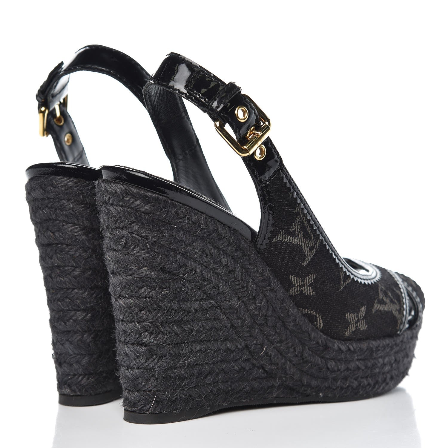 Louis Vuitton Denim Patent Espadrille Wedges 38 Black 4 of 9
