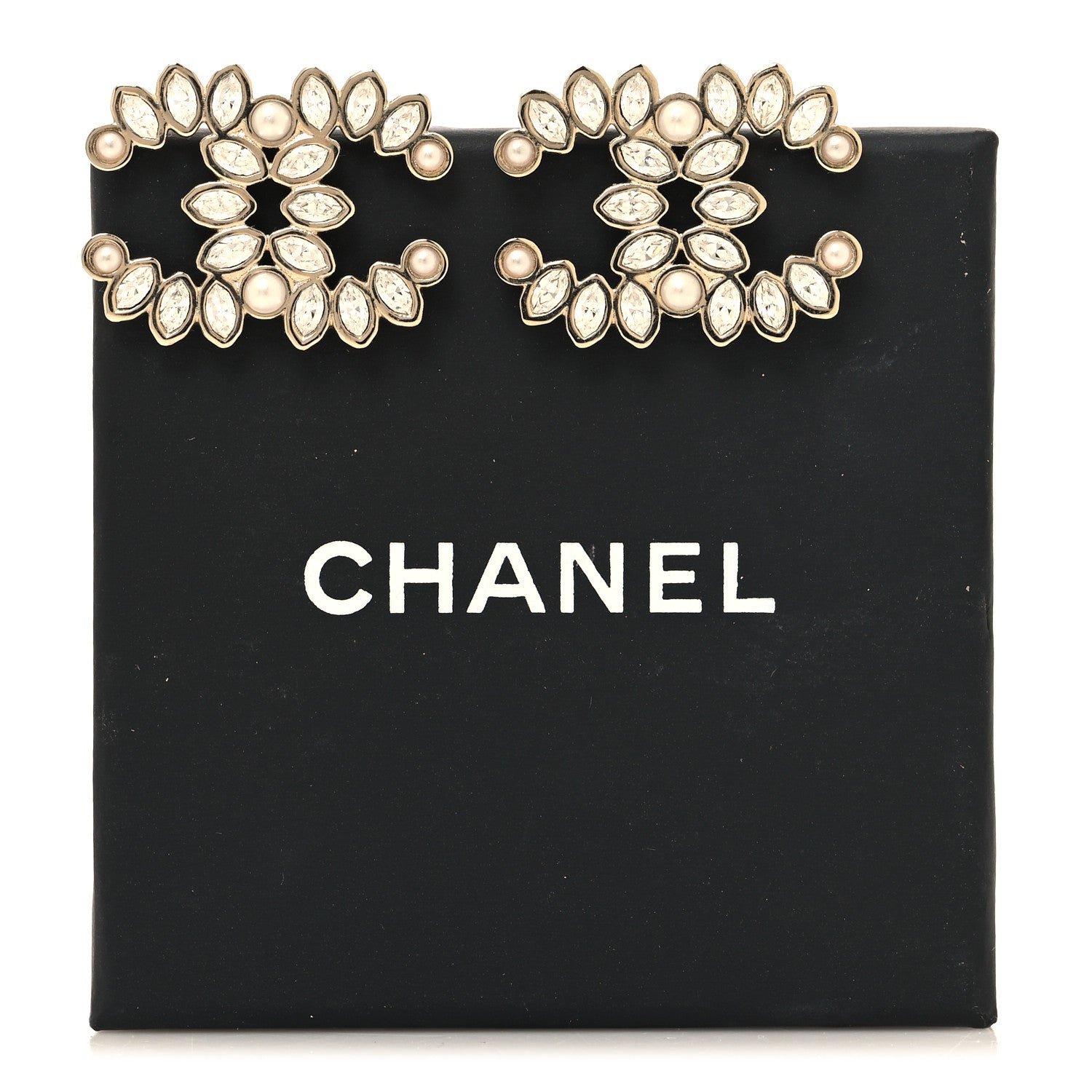 Chanel Pearl Marquise Crystal CC Earrings Gold White 5 of 5