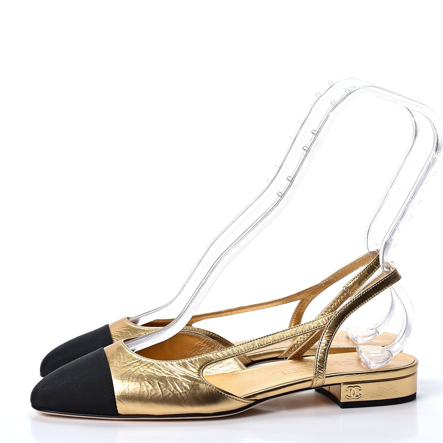 Laminated Lambskin Grosgrain Cap Toe CC Slingback Flats 37.5 Gold Black