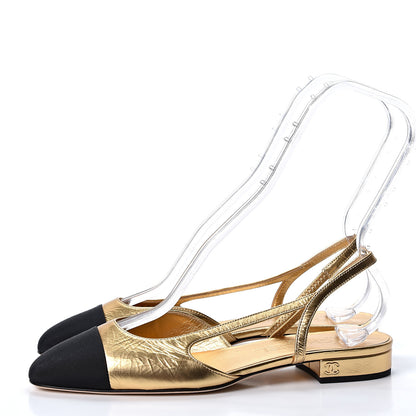 Chanel Laminated Lambskin Grosgrain Cap Toe CC Slingback Flats 37.5 Gold Black 3 of 8