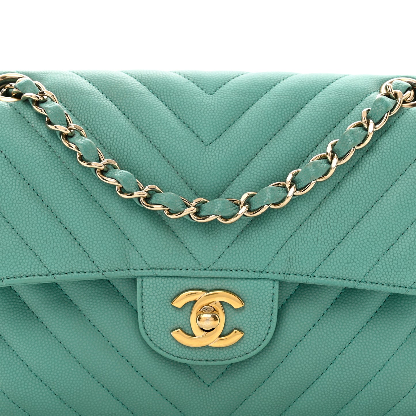 Caviar Flat Chevron Quilted Small Double Flap Green