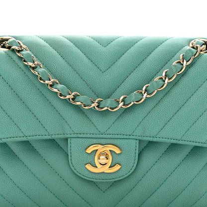 Chanel Caviar Flat Chevron Quilted Small Double Flap Green 5 of 13