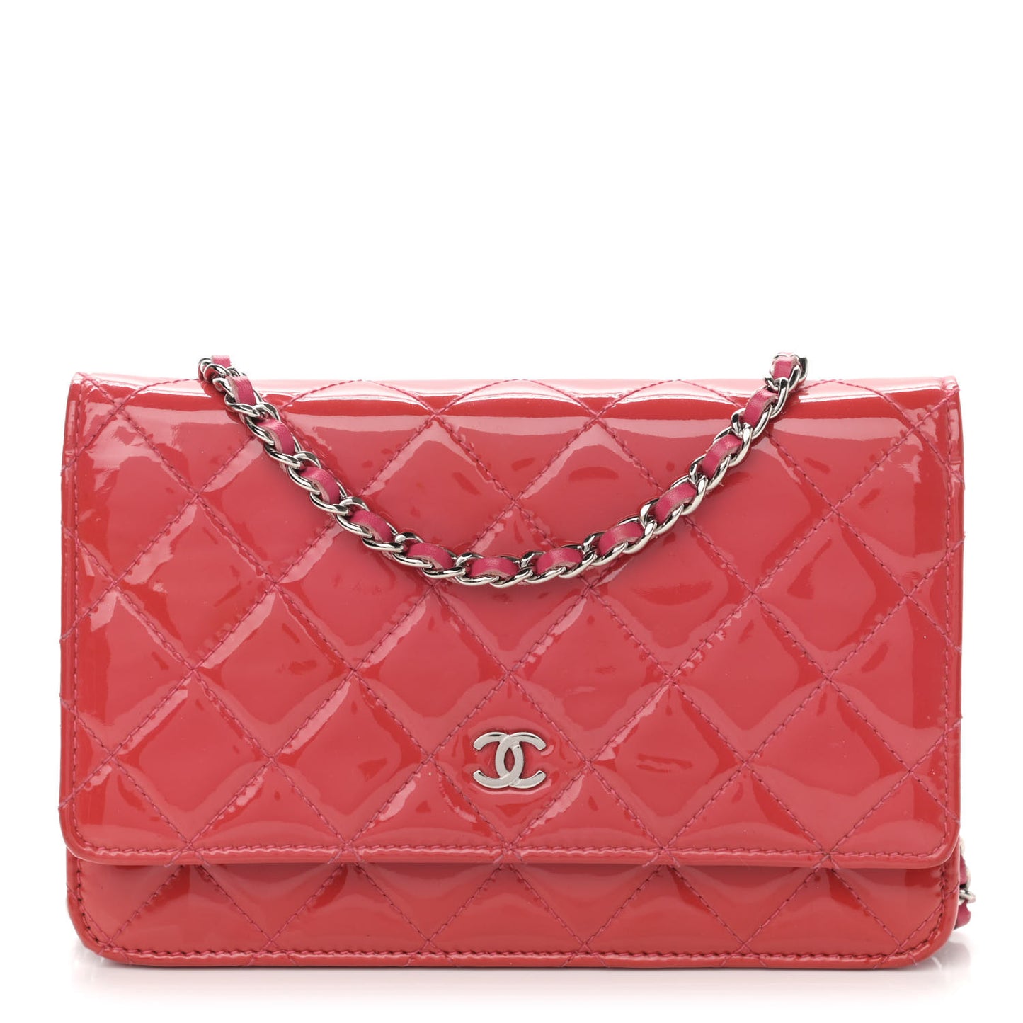 Patent Calfskin Quilted Wallet On Chain WOC Pink