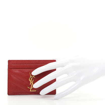 Saint Laurent Grain De Poudre Matelasse Chevron Monogram Credit Card Case New Red 2 of 7