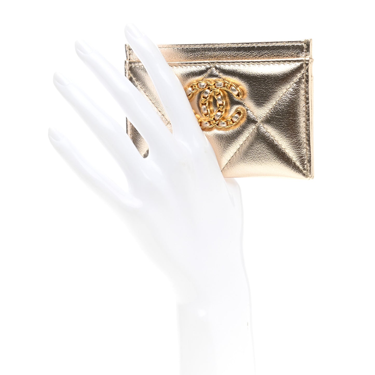 Metallic Lambskin Quilted Chanel 19 Card Holder Gold
