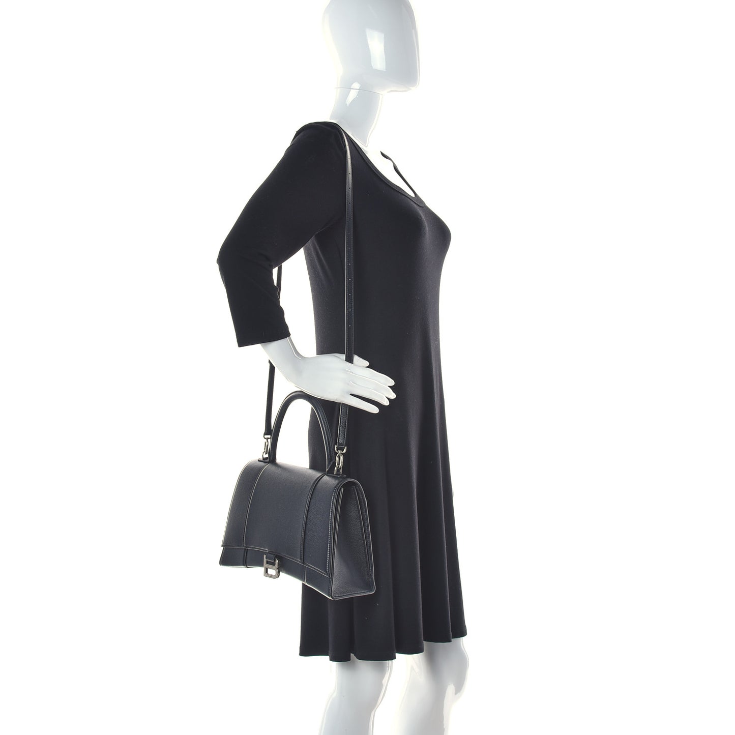 Grained Calfskin Medium Hourglass Top Handle Bag Black