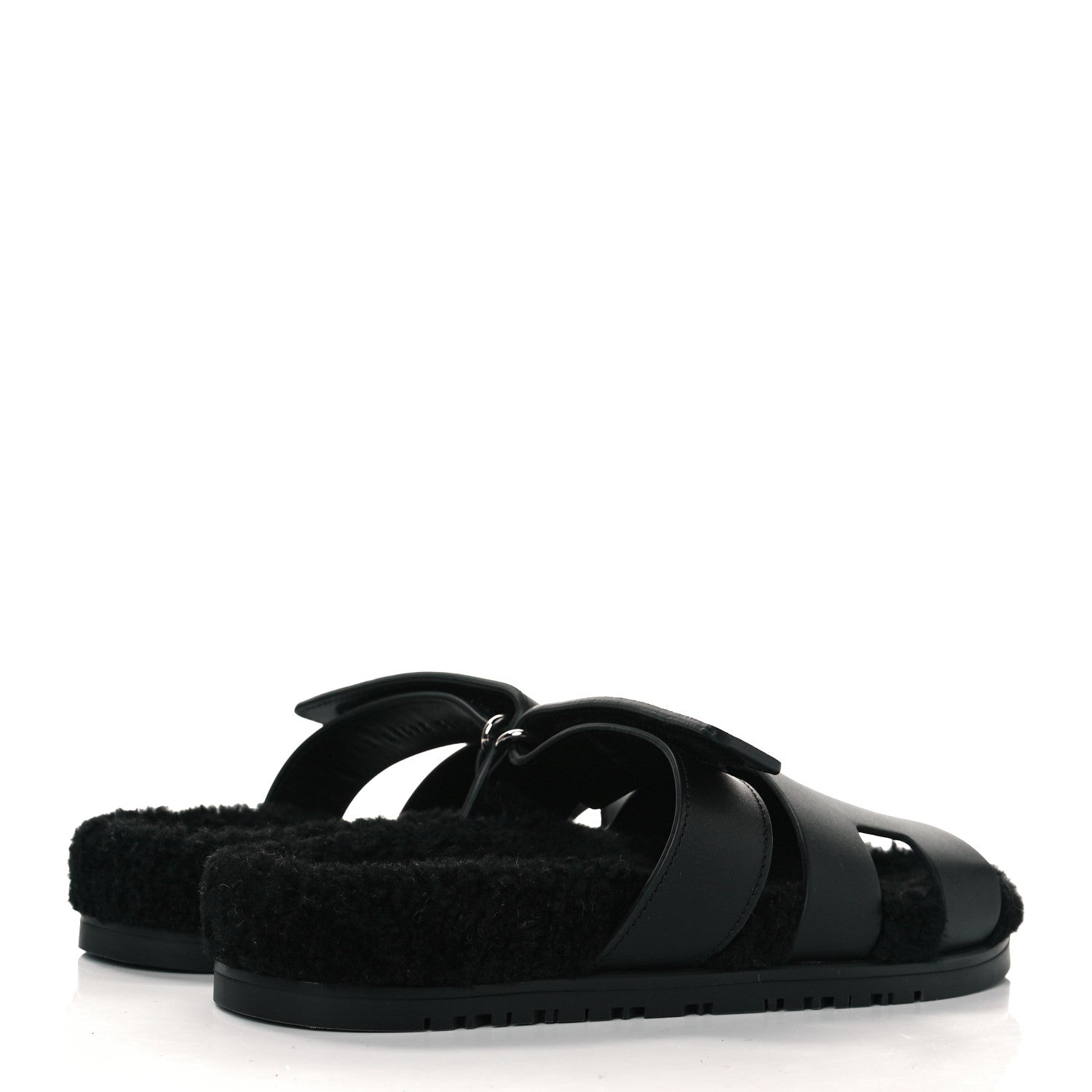 Hermes Calfskin Woolskin Womens Chypre Sandals 37.5 Black 4 of 8