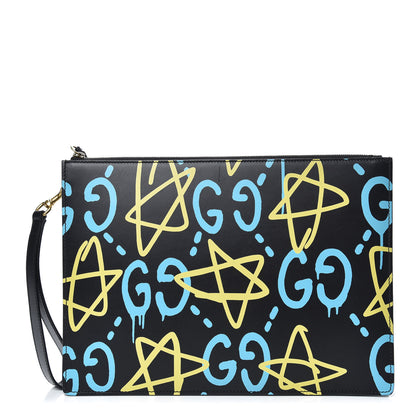 Gucci Calfskin GucciGhost Print GG Medium Documents Holder Black New Acquamarine 1 of 10