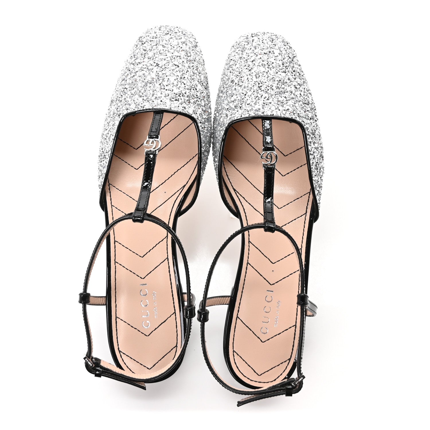 Gucci Calfskin Glitter Double G Slingback Flats 37 Silver Black 2 of 9