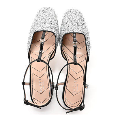 Gucci Calfskin Glitter Double G Slingback Flats 37 Silver Black 2 of 9