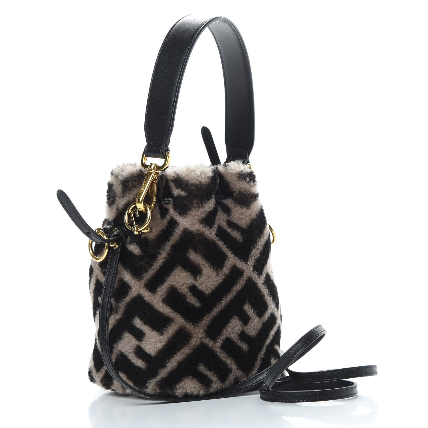 Fendi Shearling F is Fendi Macro FF 1974 Diagonal Mini Mon Tresor Bucket Bag Dove Black 3 of 13