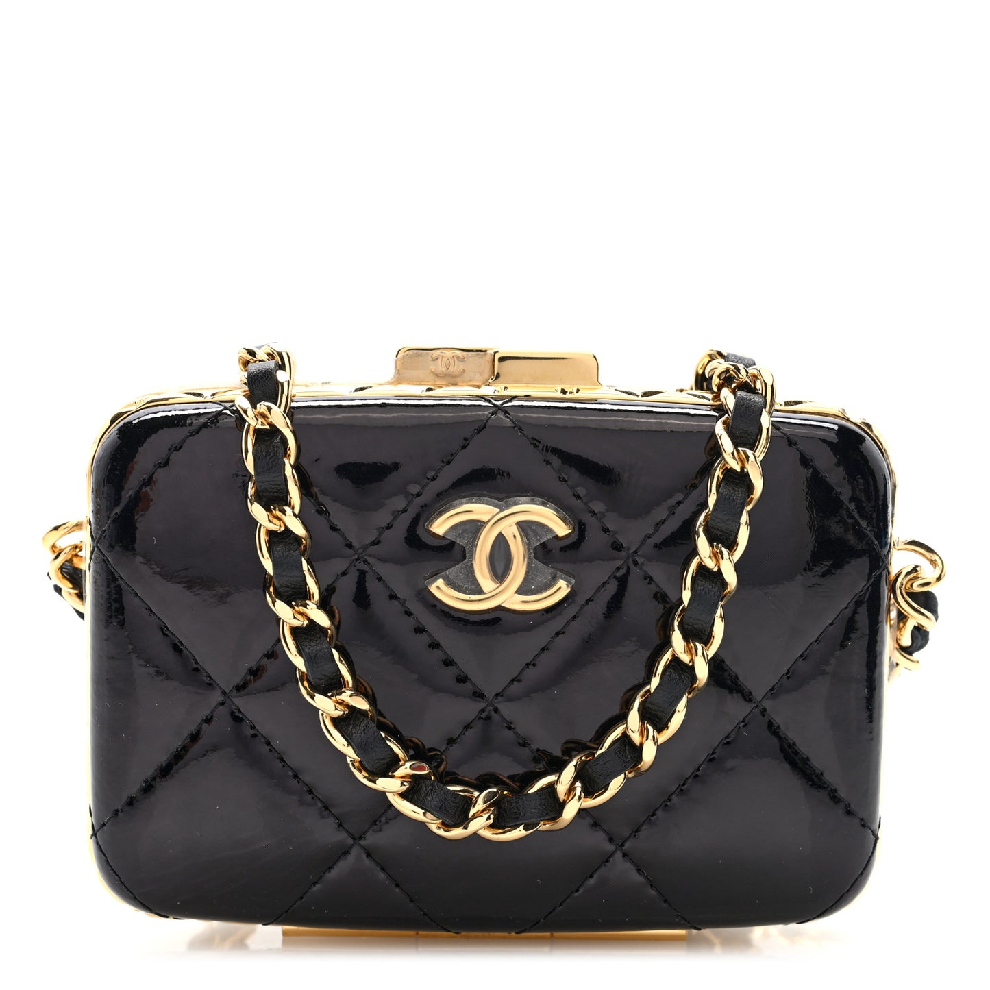 Glazed Goatskin Quilted Small Box With Chain Black